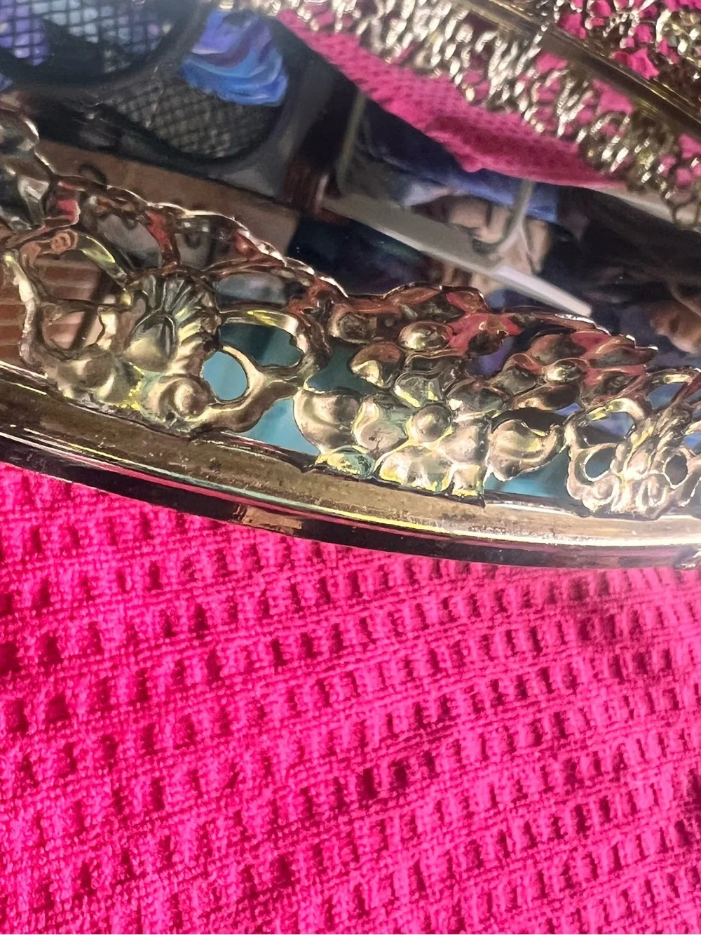 Vintage Oval Mirrored Vanity Dresser Tray Ornate Filigree Gold Tone Metal